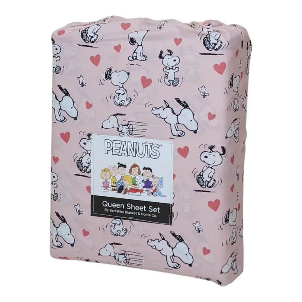 Peanuts Snoopy Queen Sheet Set By Berkshire Pink With Hearts Valentines Day - Picture 1 of 7